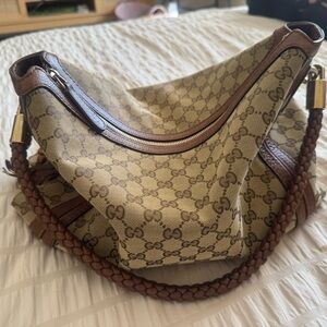 Gucci Beige Monogram Canvas Shoulder Bag with Brown Braided Strap